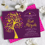 Bat Mitzvah Burgundy Gold Foil Script Tree of Life Invitation<br><div class="desc">Be proud, rejoice and showcase this milestone of your favourite Bat Mitzvah! This graphic faux gold foil tree with sparkly pink, orange, and red Star of David and dot “leaves” on a rich purple burgundy background is the perfect invitation for this special occasion. A tiny, dark red Star of David...</div>