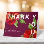 Bat Mitzvah Burgundy Modern Red Floral Watercolor Thank You Card<br><div class="desc">Make sure your favourite Bat Mitzvah shows her appreciation to all who supported her milestone event! Send out this sophisticated, personalized invitation! A chic, stunning, floral watercolor with modern san serif type overlays a burgundy background. Personalize the custom text with your Bat Mitzvah’s name. Guaranteed to add a stylish touch...</div>