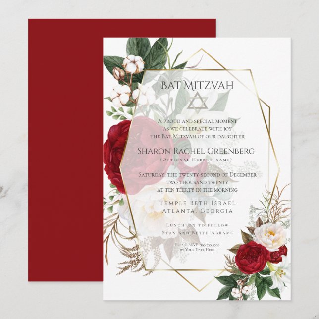 BAT MITZVAH  | Burgundy Peony Verse 2 Invitation (Front/Back)