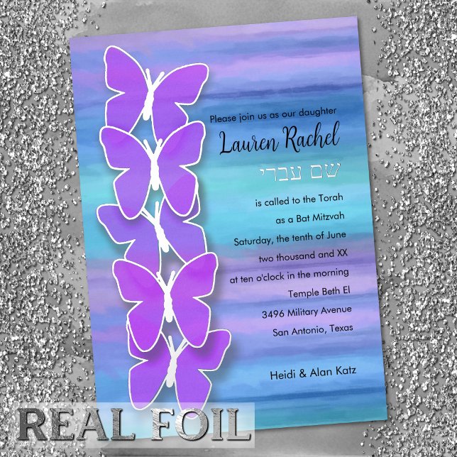Bat Mitzvah Butterfly Turquoise Purple Watercolor (Creator Uploaded)