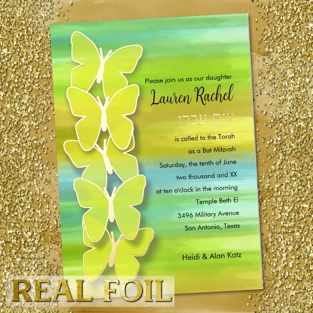 Bat Mitzvah Butterfly Watercolor Blue Green Yellow (Creator Uploaded)