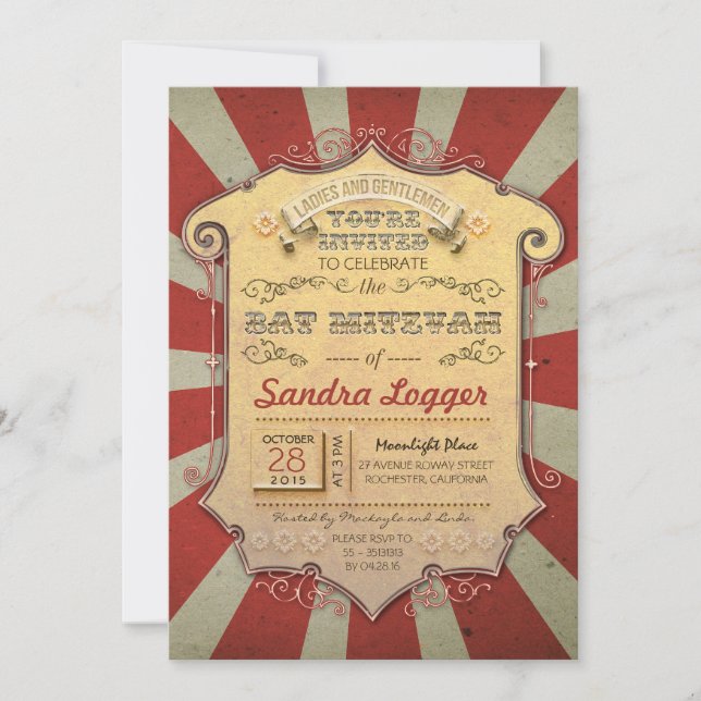 Bat Mitzvah Carnival or Circus Invitation (Front)