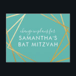 Bat Mitzvah Change of Plans Modern Gold Teal Announcement Postcard<br><div class="desc">Modern, trendy, and elegant teal turquoise blue-green and gold Bat Mitzvah postcard to announce a celebration or ceremony change in plans to a virtual event, with a modern abstract geometric squares border. Easily personalize this affordable "change the date or plans" postcard for your Virtual Bat Mitzvah with custom name, date,...</div>