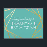 Bat Mitzvah Change of Plans Modern Gold Teal Announcement Postcard<br><div class="desc">Modern, trendy, and elegant teal turquoise blue-green and gold Bat Mitzvah postcard to announce a celebration or ceremony change in plans to a virtual event, with a modern abstract geometric squares border. Easily personalize this affordable "change the date or plans" postcard for your Virtual Bat Mitzvah with custom name, date,...</div>