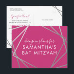 Bat Mitzvah Change of Plans Modern Pink Silver Announcement Postcard<br><div class="desc">Modern, trendy, and elegant bright hot pink and silver Bat Mitzvah postcard to announce a celebration or ceremony change in plans to a virtual event, with a modern abstract geometric squares border. Easily personalize this affordable "change the date or plans" postcard for your Virtual Bat Mitzvah with custom name, date,...</div>