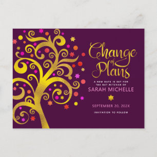 Bat Mitzvah Change Plans Gold Tree o Life Burgundy Invitation Postcard