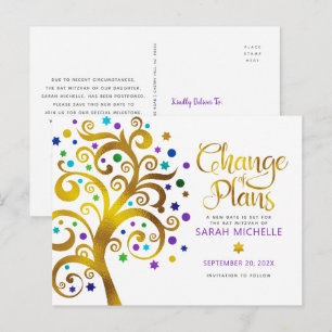Bat Mitzvah Change Plans Gold Tree of Life Purple Invitation Postcard