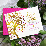 Bat Mitzvah Chic Gold Pink & Red Foil Tree of Life Save The Date<br><div class="desc">Make sure all your friends and relatives will be able to celebrate your daughter’s milestone Bat Mitzvah! Send out this stunning, graphic faux gold foil tree with sparkly pink, orange, and red Star of David and dot “leaves” on a white background, personalized “Save the Date” announcement card. A tiny, dark...</div>
