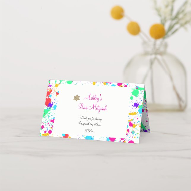 Bat Mitzvah, Colourful Paint Splatter, Custom Place Card (Front)