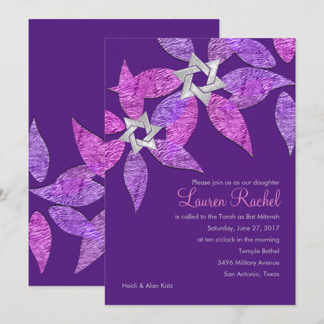 Bat Mitzvah Colourful Petals Pink and Purple Invitation (Front/Back)