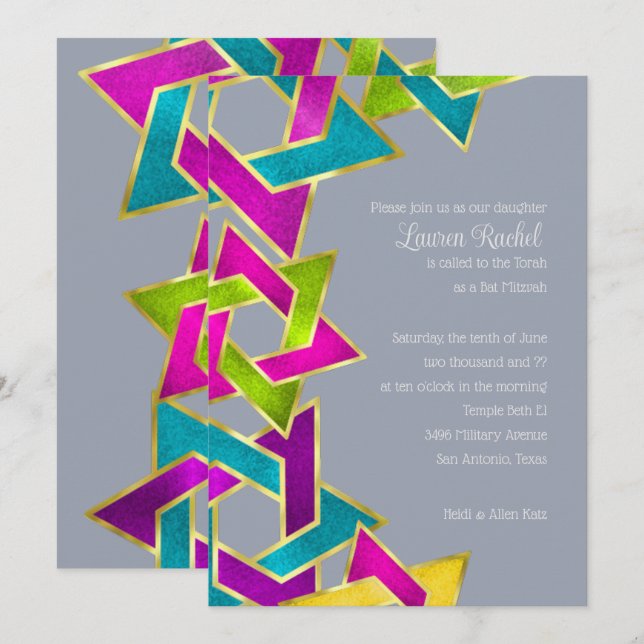 Bat Mitzvah Colourful Star of David on Any Colour Invitation (Front/Back)