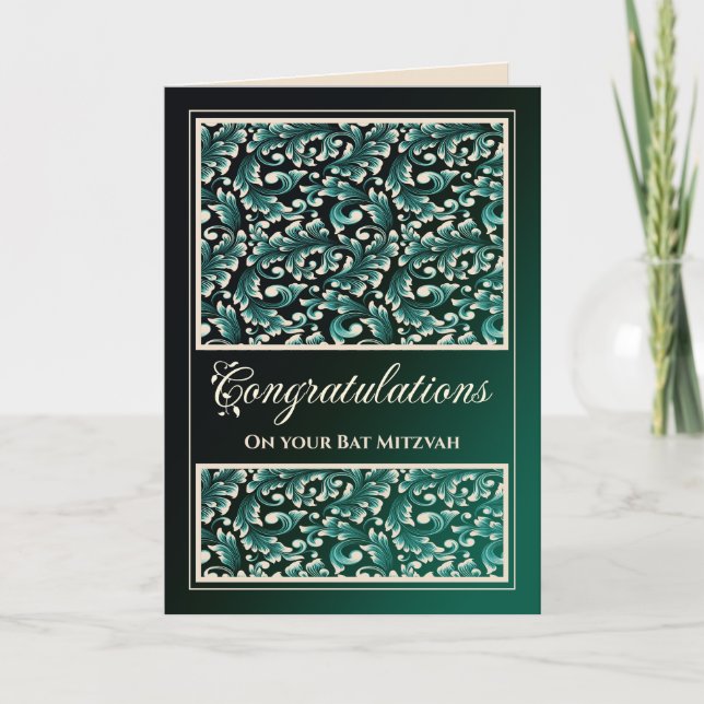 Bat Mitzvah Congratulations Damask Green Card (Front)