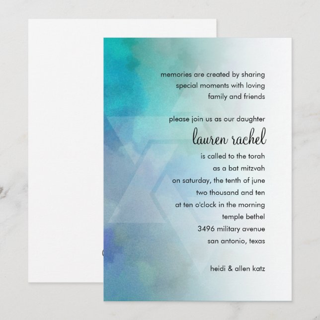 Bat Mitzvah Cool Colours Aqua Blue Purple White Invitation (Front/Back)