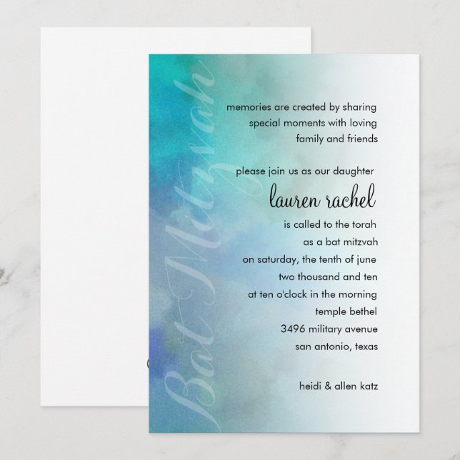 Bat Mitzvah Cool Colours Aqua Blue Purple White Invitation (Front/Back)