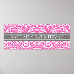 Bat Mitzvah Custom Name Banner Pink Damask Poster