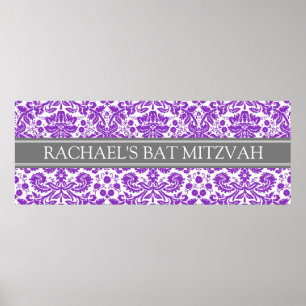 Bat Mitzvah Custom Name Banner Purple Damask Poster