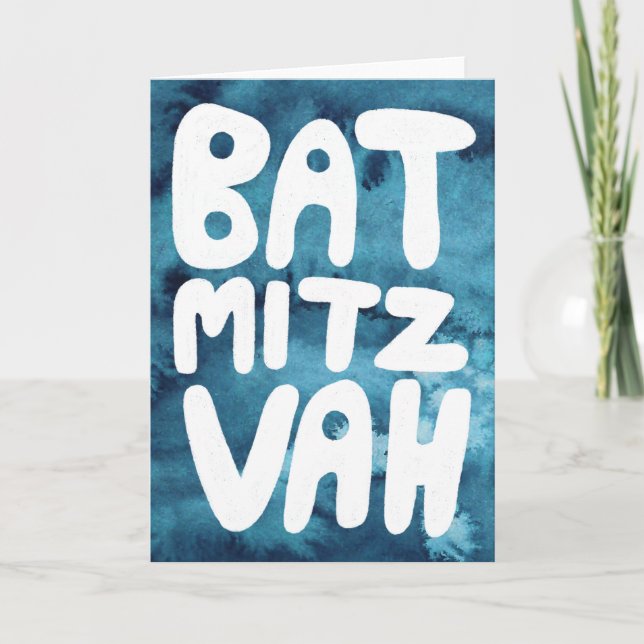 BAT MITZVAH Customizable Blue Watercolor Congrats Card (Front)