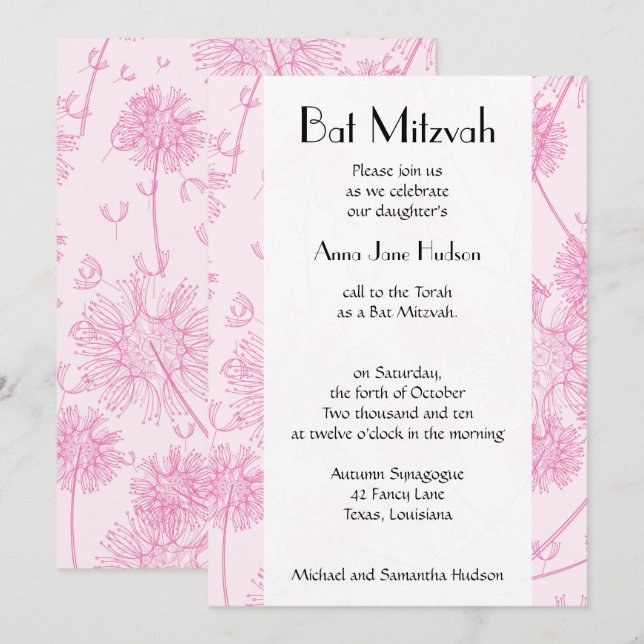 Bat Mitzvah - Dandelion Plants, Florets - Pink Invitation (Front/Back)