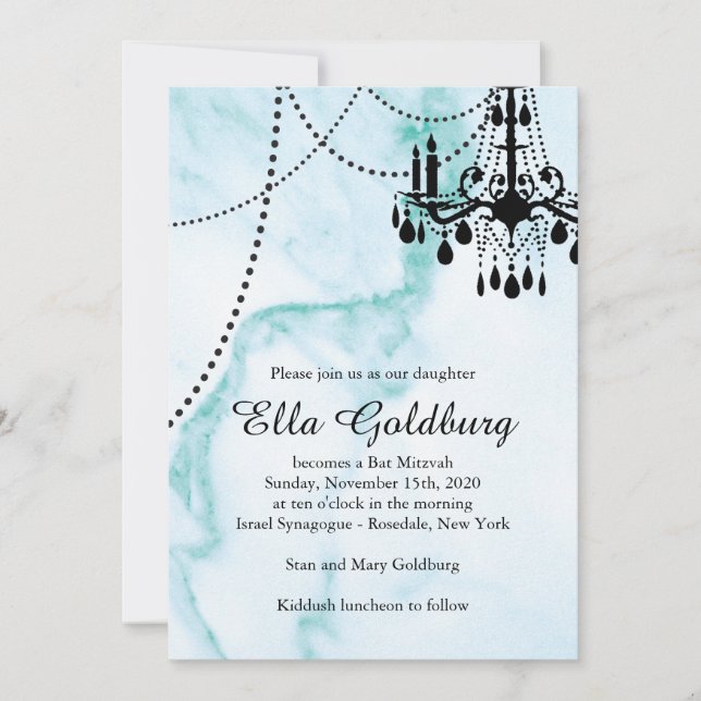Bat mitzvah de lustre Invitation sur marbre turquo (Devant)