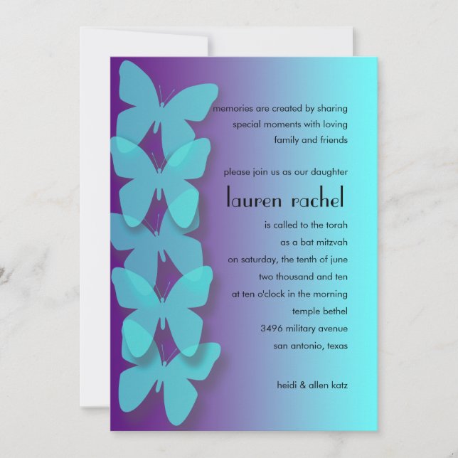 Bat Mitzvah Dimensional Butterfly Turquoise Purple Invitation (Front)