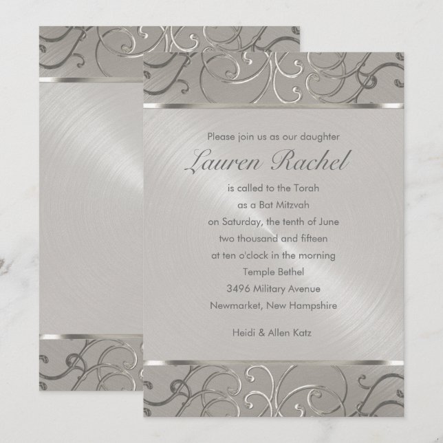 Bat Mitzvah Elegant All Silver Filigree Swirls Invitation (Front/Back)