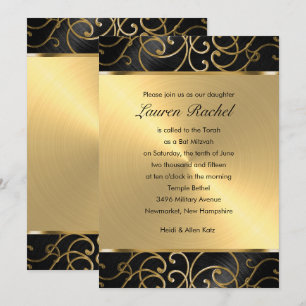 Bat Mitzvah Elegant Black and Gold Filigree Invitation