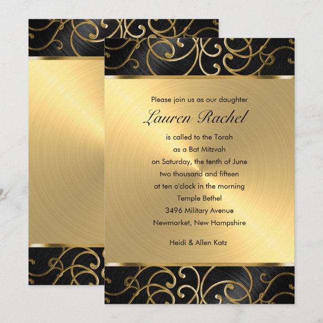 Bat Mitzvah Elegant Black and Gold Filigree Invitation (Front/Back)