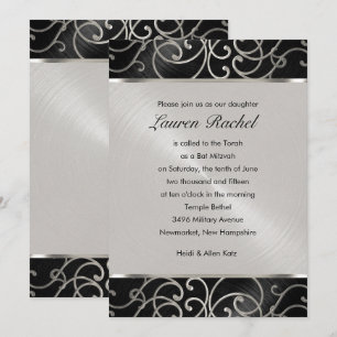 Bat Mitzvah Elegant Black and Silver Filigree Invitation