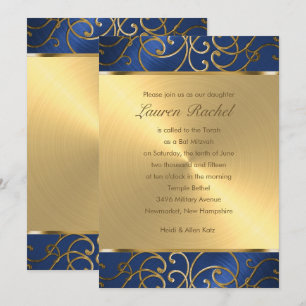 Bat Mitzvah Elegant Blue and Gold Filigree Invitation