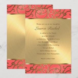 Bat Mitzvah Elegant Coral and Gold Filigree Invitation
