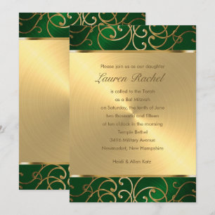 Bat Mitzvah Elegant Emerald Green Gold Filigree Invitation