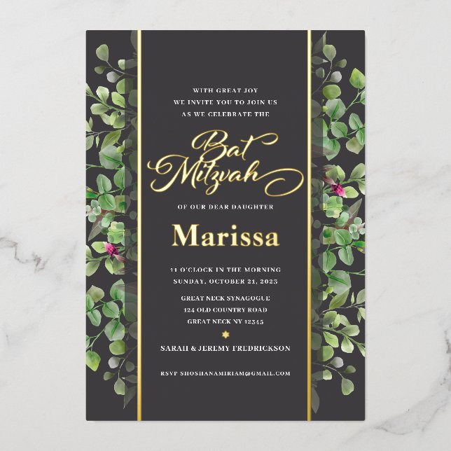 Bat Mitzvah Elegant Floral Script REAL GOLD (Front)