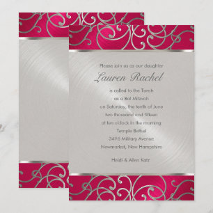Bat Mitzvah Elegant Magenta Pink Silver Filigree Invitation