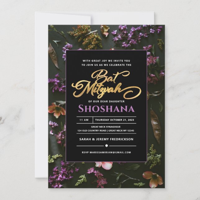 Bat Mitzvah Elegant Modern Boho Floral Script Invitation (Front)