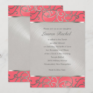 Bat Mitzvah Elegant Pink and Silver Filigree Invitation
