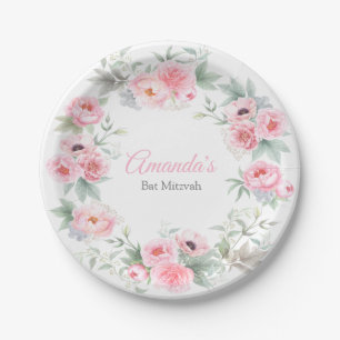 Bat Mitzvah, Elegant, Pink, Watercolor Floral Paper Plate