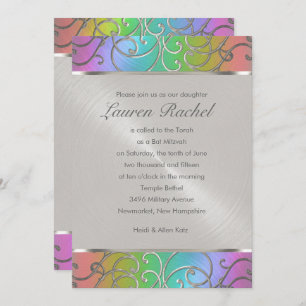 Bat Mitzvah Elegant Rainbow and Silver Filigree Invitation