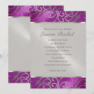 Bat Mitzvah Elegant Raspberry Pink Silver Filigree Invitation