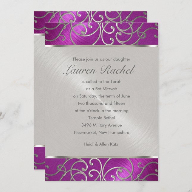 Bat Mitzvah Elegant Raspberry Pink Silver Filigree Invitation (Front/Back)