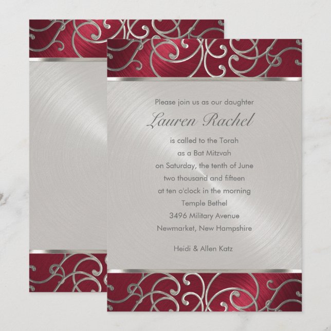 Bat Mitzvah Elegant Red and Silver Filigree Invitation (Front/Back)
