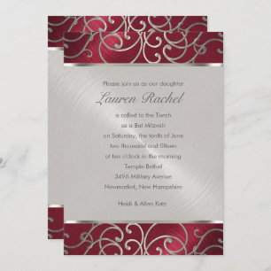 Bat Mitzvah Elegant Red and Silver Filigree Invitation