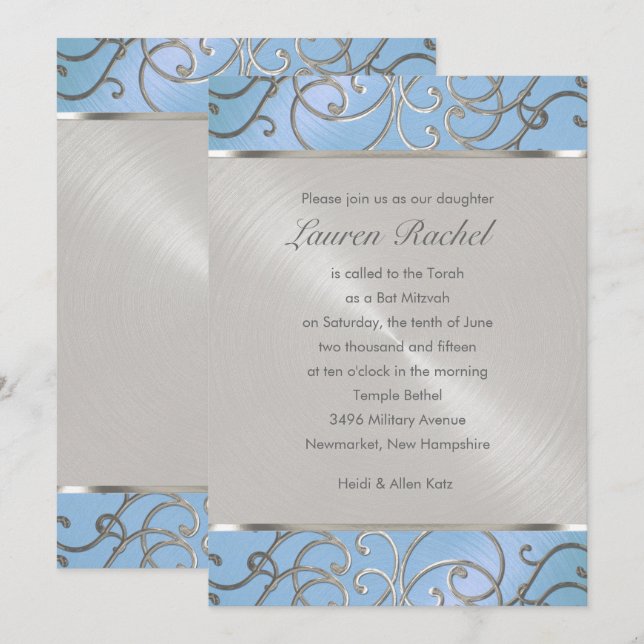 Bat Mitzvah Elegant Sky Blue and Silver Filigree Invitation (Front/Back)