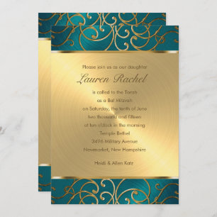 Bat Mitzvah Elegant Teal Blue and Gold Filigree Invitation