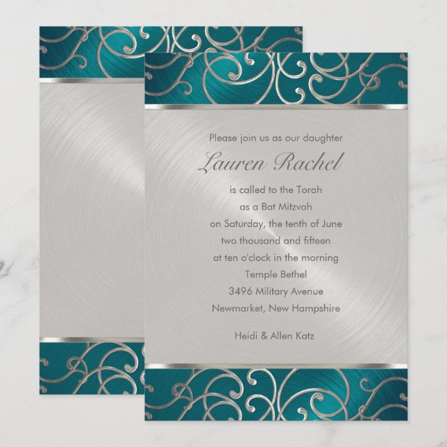 Bat Mitzvah Elegant Teal Blue and Silver Filigree Invitation (Front/Back)