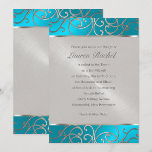 Bat Mitzvah Elegant Turquoise Blue Silver Filigree Invitation