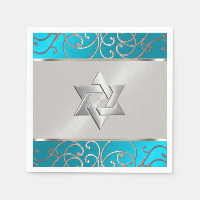 Bat Mitzvah Elegant Turquoise Blue Silver Filigree Napkin (Front)