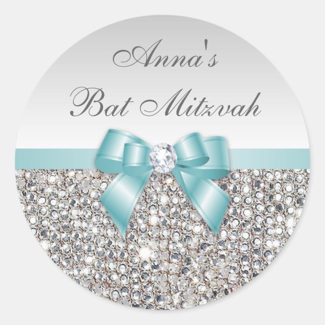 Bat Mitzvah Faux Silver Sequins Teal Bow Diamond Classic Round Sticker (Front)