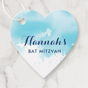 BAT MITZVAh favour tag modern aqua blue watercolor