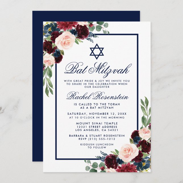Bat mitzvah Floral Bourgogne Bleu Invitation (Devant / Derrière)