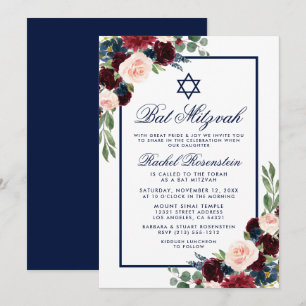 Bat Mitzvah Floral Burgundy Blue Invitation